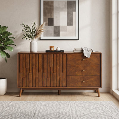 55.9"W Mid Century Walnut Media Console Textured Door 3 Drawer TV Stand Buffet Storage Cabinet