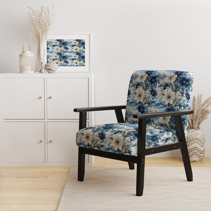 Fauteuil d'appoint rembourré en velours Coastal Blues White Flowers Blooms I