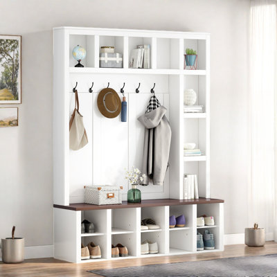 Farmhouse Wooden Hall Tree With Coat Rack, Sitting Bench, Display Shelves And 13 Cubbies