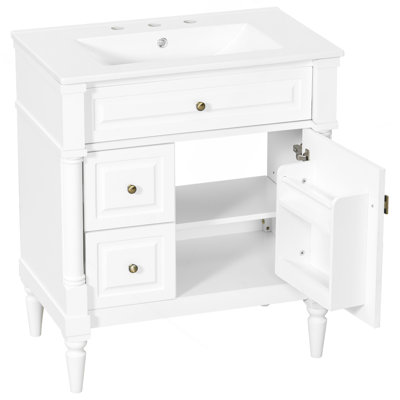 Meuble-lavabo de 30 po avec lavabo, armoire de salle de bain autoportante blanche avec tiroir rabattable et tablette réglable, structure en bois d'hévéa massif, panneaux de fibres à densité moyenne et poignées en métal