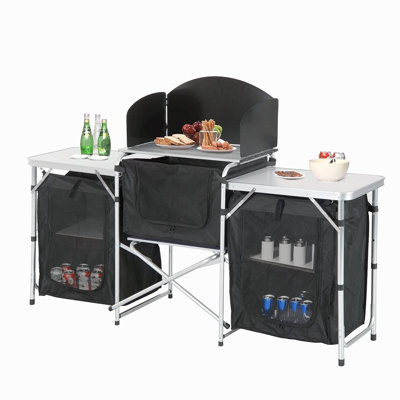 Table de cuisine pliante en aluminium pour le camping Outsunny avec pare-brise et 3 armoires fermées