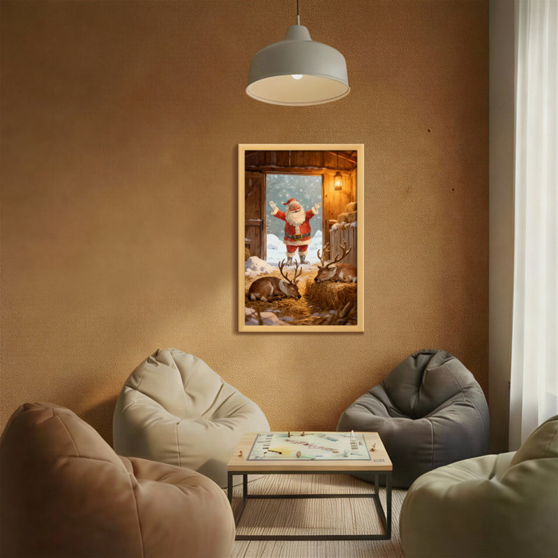 Noël, père Noël, renne, grange, scène hivernale, H 18 po x l 12 po