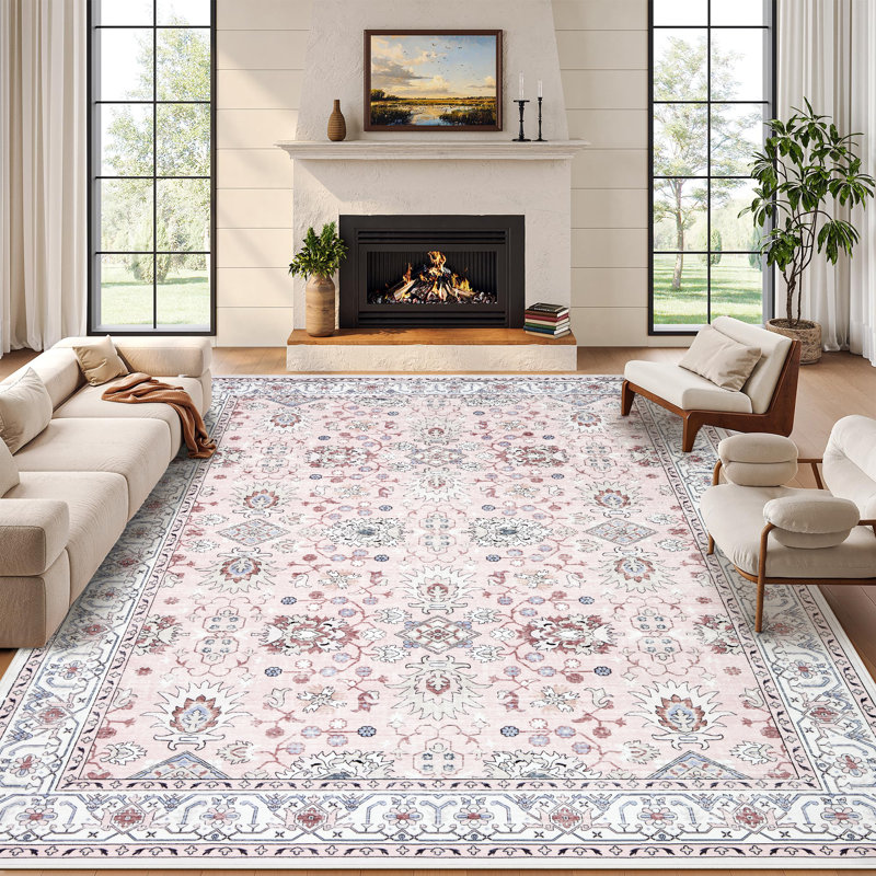 Garvee Area Rug 8x10 Vintage Oriental Rug for Living Room, Thin Washable Carpet with Non Slip Rubber Backing, Soft Non Shedding Floor Covering, Low Pile Foldable Mats for Bedroom, Pink