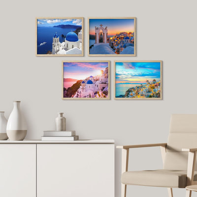Incroyable Santorin avec églises et vue sur la mer en Grèce, gros plan sur papier, impression de 4 pièces