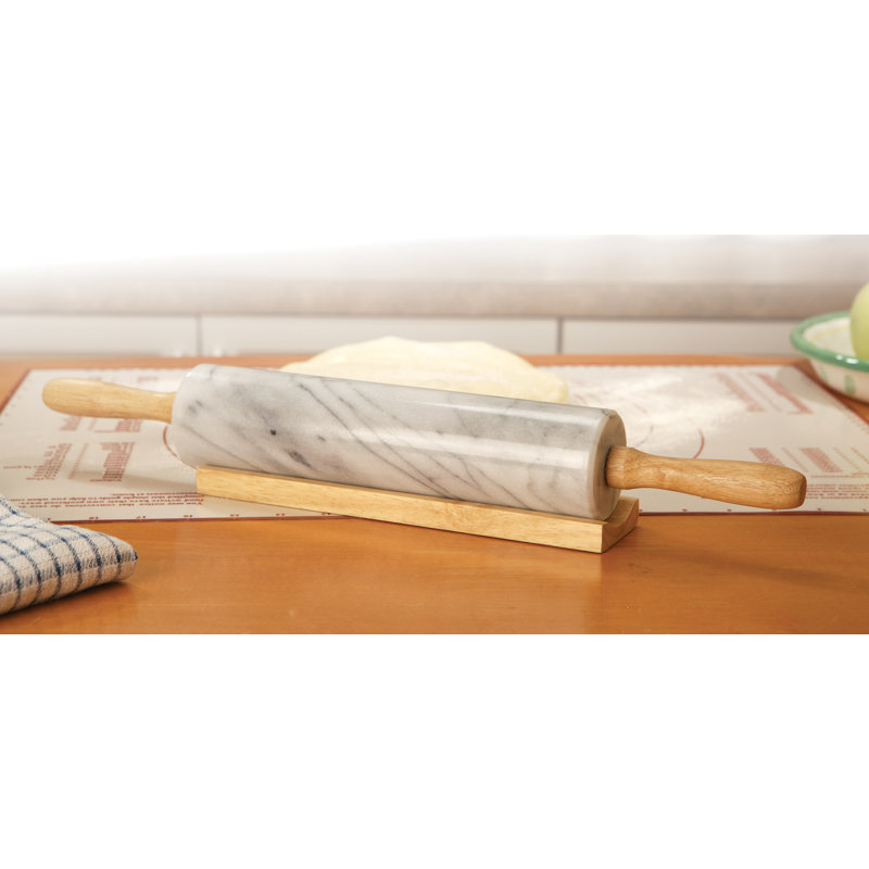 White Marble Rolling Pin with Wooden Handles and Base
