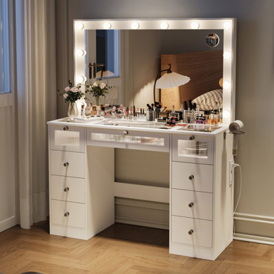 White Vanity Desk with Lighted Mirror – 3-Color LED, Glass Top, 9 Drawers & Power Outlet – Makeup Vanity Table for Bedroom Dressing Table by DIYSET