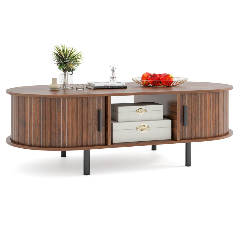 Table centrale 48 "Mid Century avec portes cannelées coulissantes et compartiment ouvert