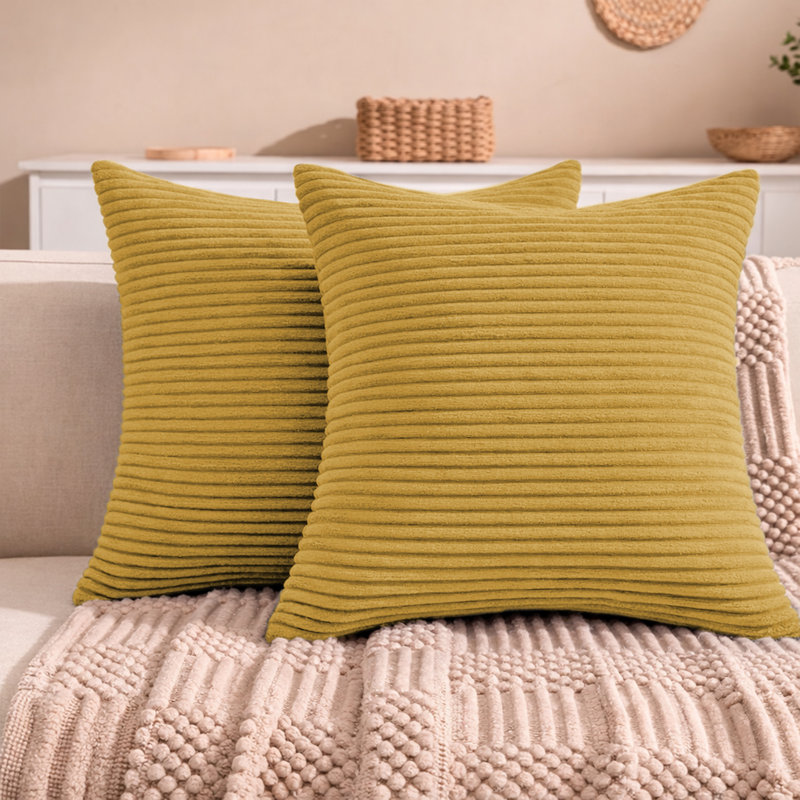 Aspire Homeware Striped Square Velvet Cushion Cover, Ochre, Pack of 2