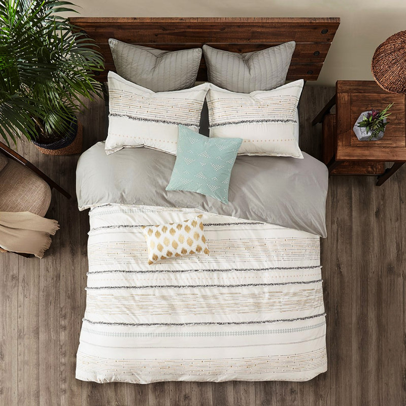 Édredon en coton à imprimé, avec des pampilles classiques et à rayures pour un attrait moderne, Queen Comforter + 2 Shams