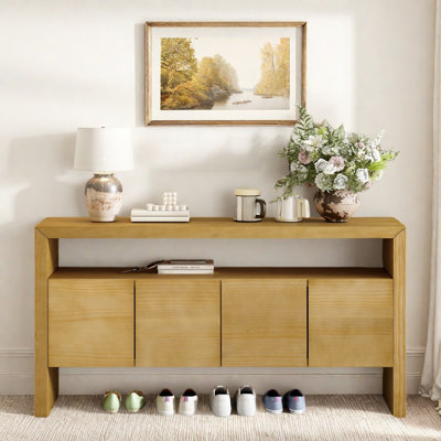 Modern 4-Door Console Table With Open Shelf And Wood Grain