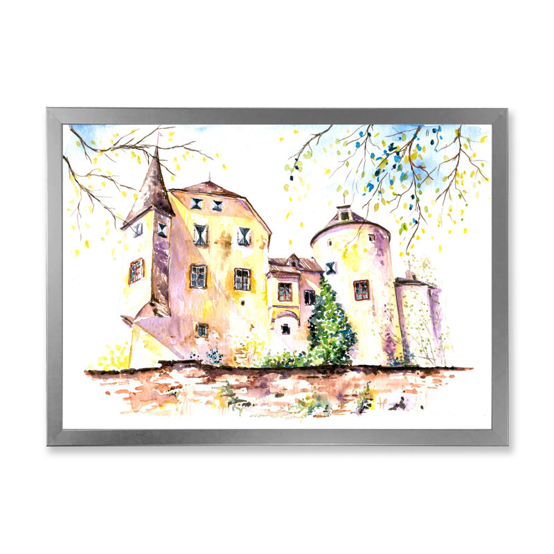 Château jaune rétro - peinture sur toile, H 24 po x l 32 po, Toile avec cadre photo argenté