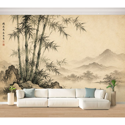 Wall Mural Peel and Stick Wallpaper Traditional Chinese Watercolor Bamboo Landscape Mountains River Self-Adhesive Removable Contact Paper Wall Decor for Living Room Bedroom 100"H x 144"W