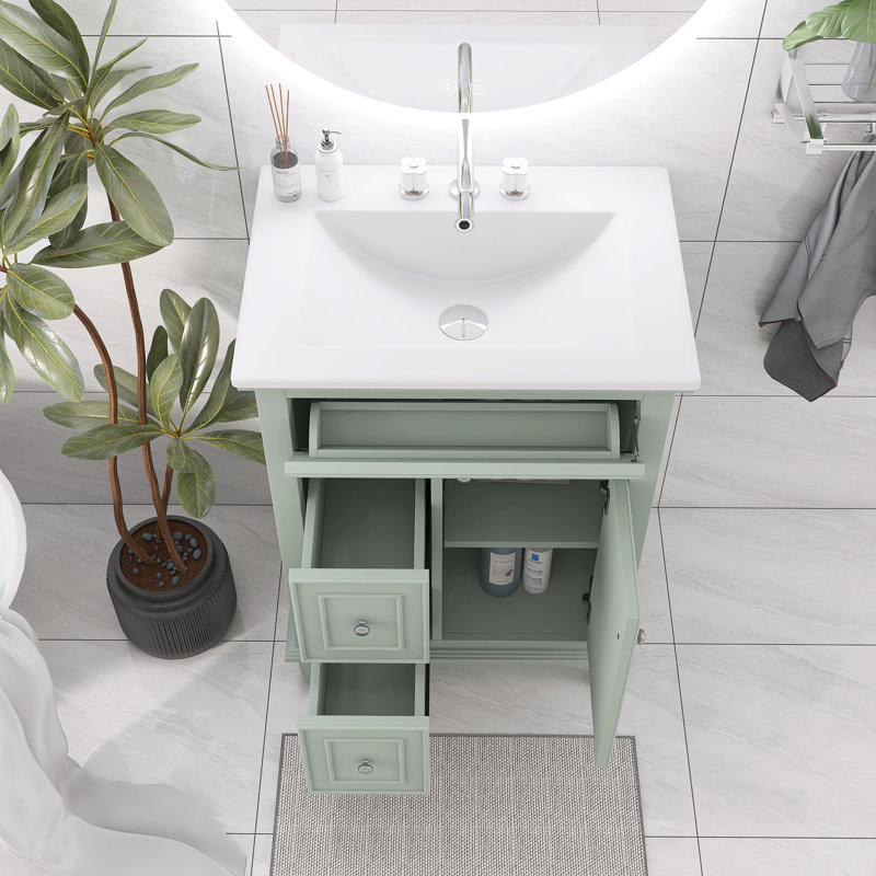 Ensemble de meuble-lavabo en bois massif et en bois massif avec 3 tiroirs et une tablette réglable, Vert clair