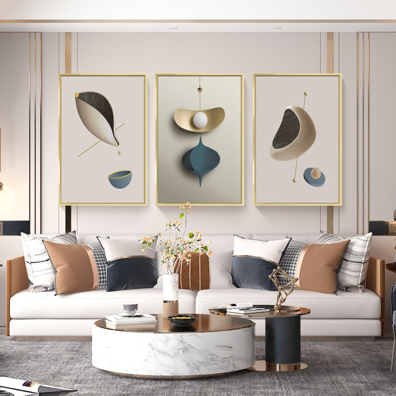 Luxueux aluminium encadré, ensemble de 3 reproductions d'art encadrées sur toile, Or, H 24,3 po x l 48,3 po x P 1,65 po