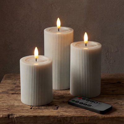 Fluted Ribbed LED Pillar Candles, with Reflective Melted-Wax Effect – Flickering Flame, Remote, Dimmable, Flameless, Battery Operated, Home & Wedding Decor (Set of 3)