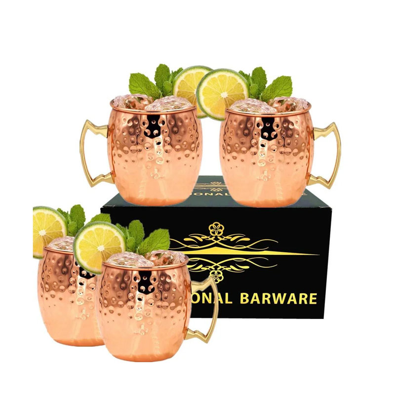 Tasses Moscow Mule, plaquées cuivre 16 oz, doublées en acier inoxydable, ensemble de 4 poignées en laiton doré