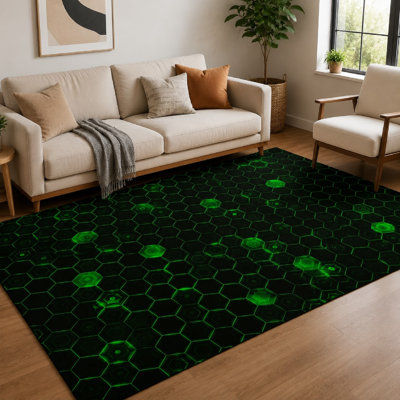 1 conception de grille hexagonale futuriste - inspirée de la technologie, accents néon vibrants, motif géométrique abstrait, décoration intérieure moderne, grand tapis, utilisation intérieure antidérapante pour le salon, la chambre à coucher, le bureau, le jeu pour la maison