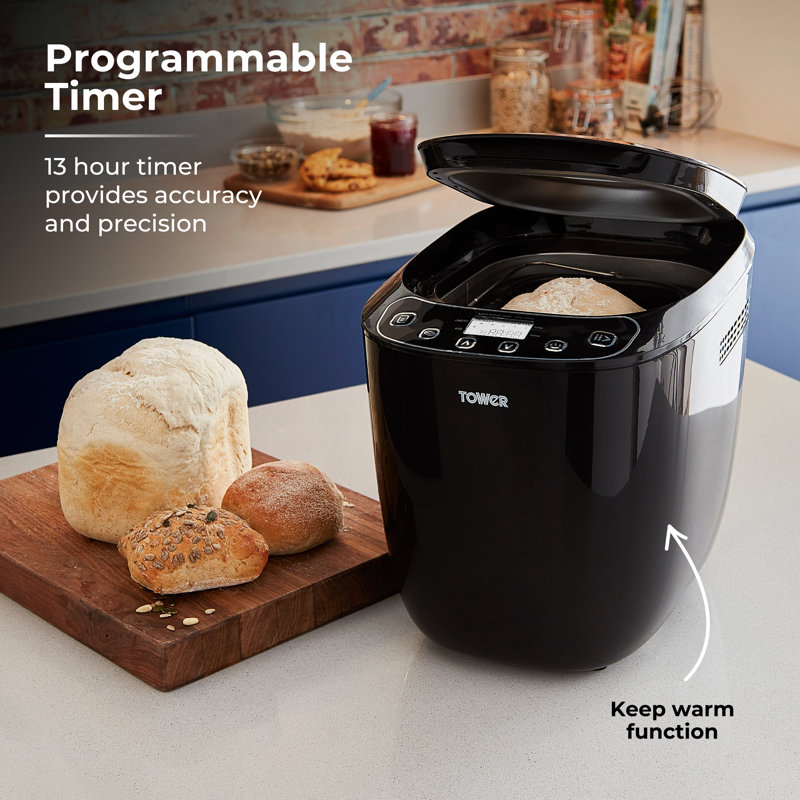 Tower T11003 2 lb Digital Bread Maker with 12 Automatic Programs, 13 Hours Delay Timer, 60 Minutes Keep Warm Function, Adjustable Crust Control, Non-Stick Bread Pan, 550 W, Black