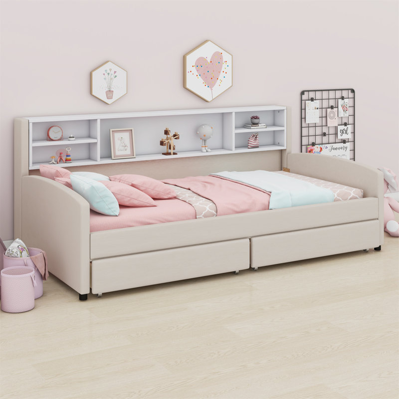 Upholstered Platform Bed With Storage And Drawers, Beige