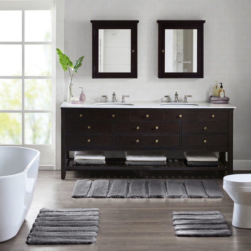Tapis de bain gris 53 x 86 cm, 100 % coton macrofilé, rayures, effet délavé, envers antidérapant, facile à nettoyer, doux, envers antitaches, lavable à la machine