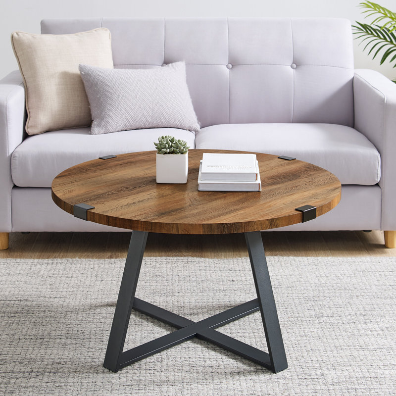 Table basse ronde à pieds croisés Paramus, Chêne rustique, Noir
