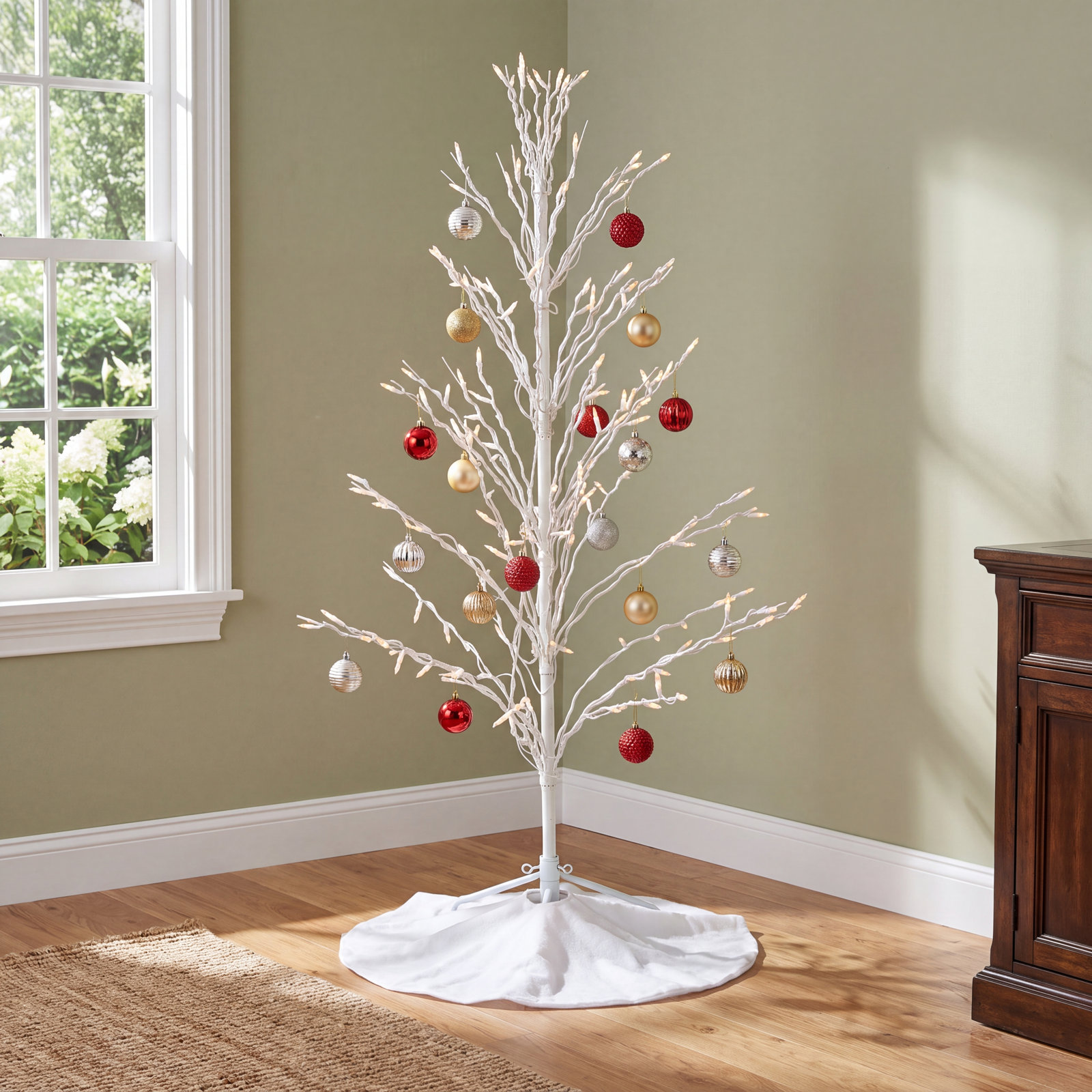 White Lighted Cascade Twig Tree, 4' H