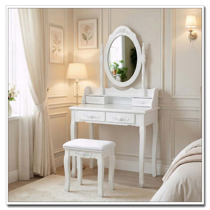 White Princess Vanity Desk Set with 360° Rotating Mirror, 4 Drawers and Stool, White