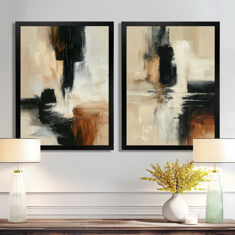 "Black and Brown Brushstroke", peinture abstraite - collage abstrait 2 pièces, H 32 po x l 48 po, Cadre simple noir