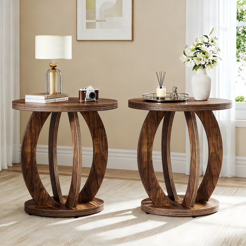 Table de bout ronde en bois, table de chevet décorative pour petit salon, Brun rustique
