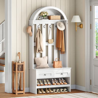 Hall Tree With Bench And Shoe Storage, Arched Entryway Organizer With 8 Hooks