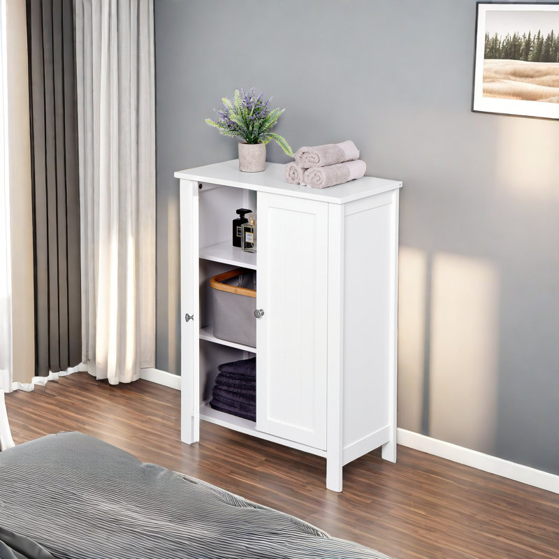 Bathroom Floor Storage Cabinet, 3 Layer Storage Unit With 2 Adjustable Shelf And Double Door