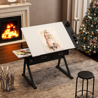 Adjustable Drafting Table Desk With 2 Drawers For Home Office, White, Tiltable Desktop Up To 75 Degrees, Non - Woven Drawers, Metal Storage On Side, Legs Uneven Ground, Stool Included