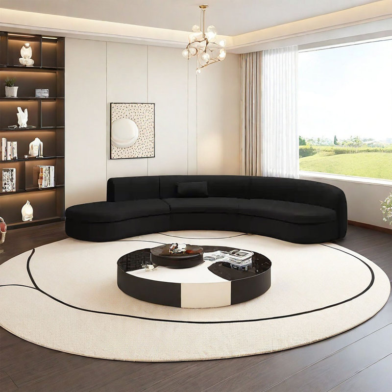 Canapé de coin noir semi-circulaire incurvé, H 25,59 po x l 169,29 po x P 35,43 po