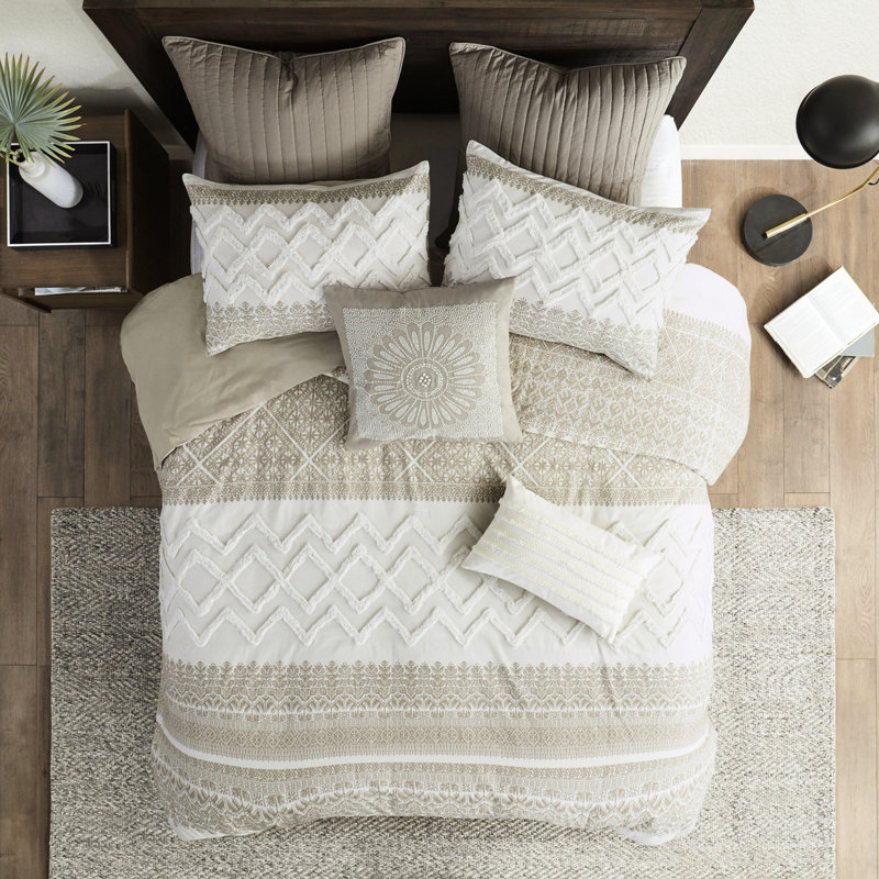 Housse de couette très grand / très grand 3 pièces - coton chenille, imprimé mis à jour, revers taupe, coton lavable à la machine, style