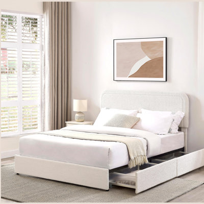Lit plateforme à 2 tiroirs avec grand lit tapissier ivoire, tête de lit capitonnée surpiquée, support de matelas à lattes en bois, aucun sommier nécessaire