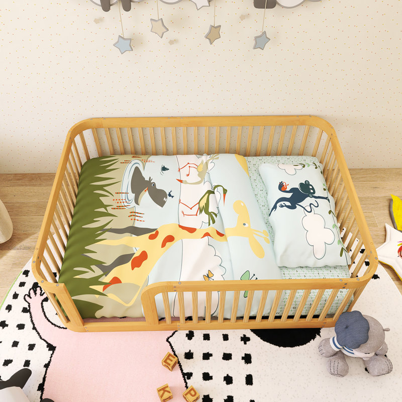 Lit double sur pied avec clôture en bois, Naturel, Lit double
