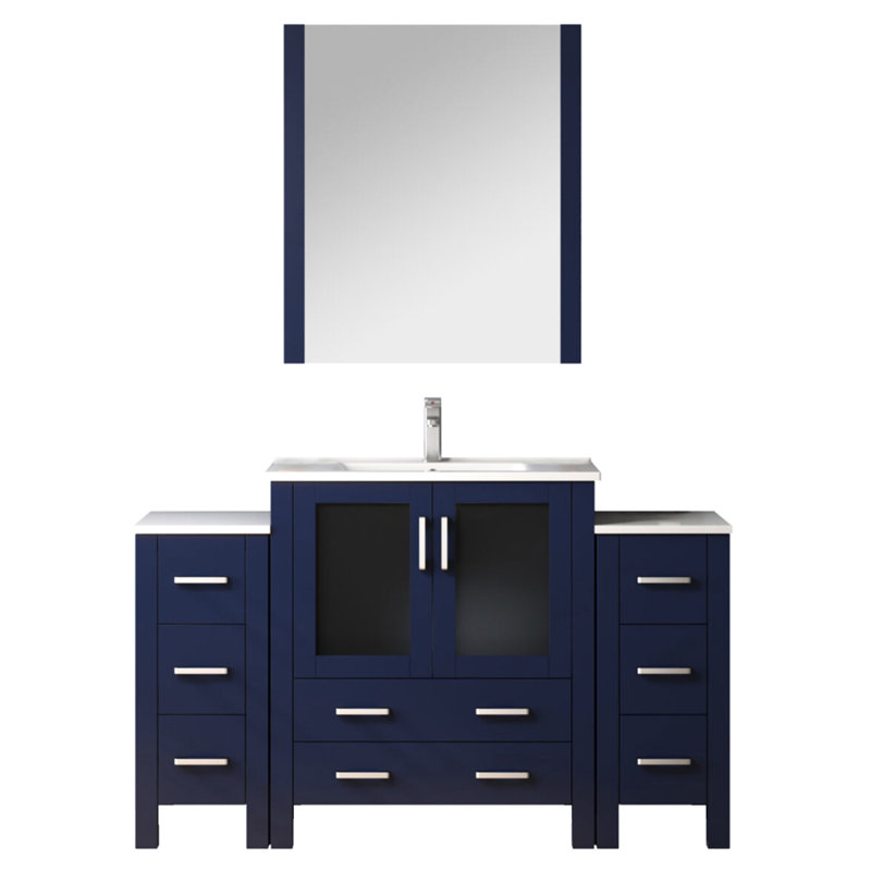 Meuble-lavabo simple bleu marine de 54 po L x 18,25 po P avec armoires latérales, comptoir en céramique blanche, robinet et miroir de 28 po - Surface résistante aux rayures, trou en acier inoxydable avec comptoir pour éviter les rayures.