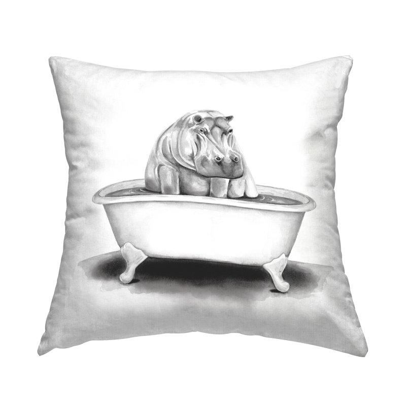 Hippopotame dans la baignoire, humoristique, animal, faune, imprimé, conception, coussin, par Rachel Neiman