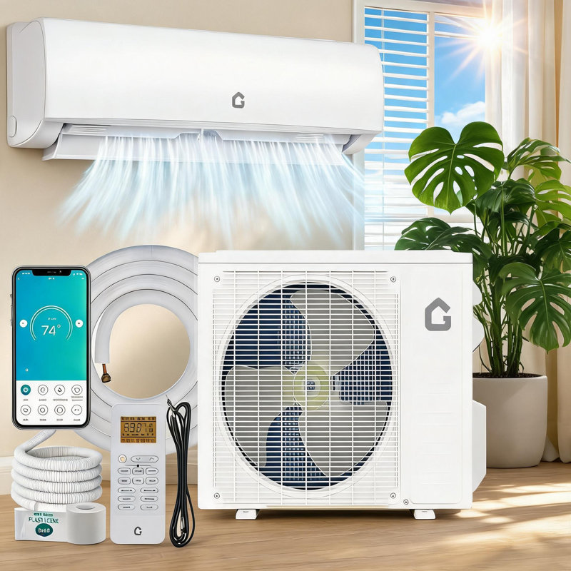 Mini climatiseur à deux blocs de 11500 BTU, climatiseur sans conduit, système de refroidissement et de chauffage mural 17 SEER2 pour le bureau à domicile, climatiseur à deux blocs 115V avec contrôle WiFi intelligent