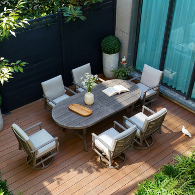Amario Patio 6 Person Metal Dining Set With Umbrella Hole And Sunbrella Cushions