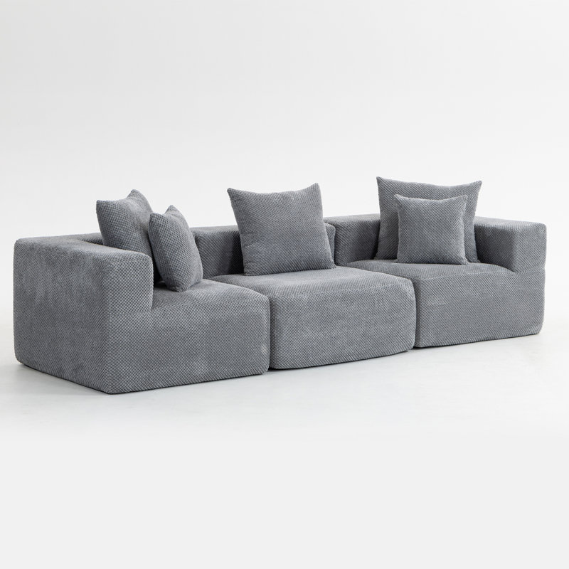 Modular 3-Seat Sectional Sofa, All-Foam Deep-Seat Couch With Textured Chenille, Low-Profile Modern Design, Compressed Shipping & Easy Setup, 111.02" W × 37.01" D × 23.62" H-Grey