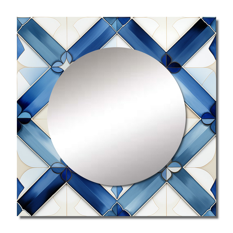 Blue and White Tiles Diamonds - Art mural moderne carré en miroir pour salle de bain, 23 po x 23 po