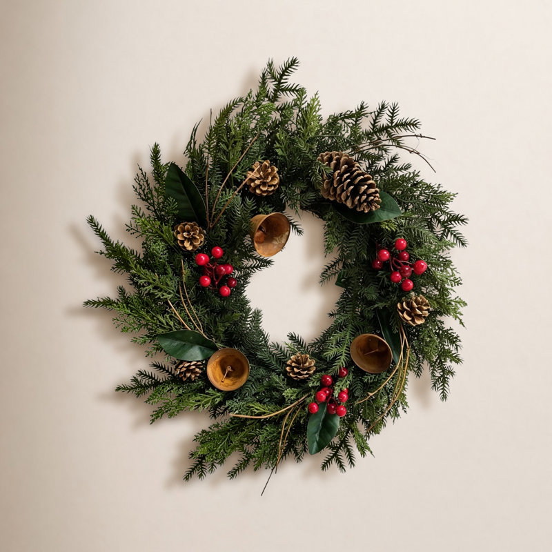 Couronne de Noël rustique artificielle 28 po avec pommes de pin en forme de pin et baies rouges pour porte d'entrée 28 po Real Touch