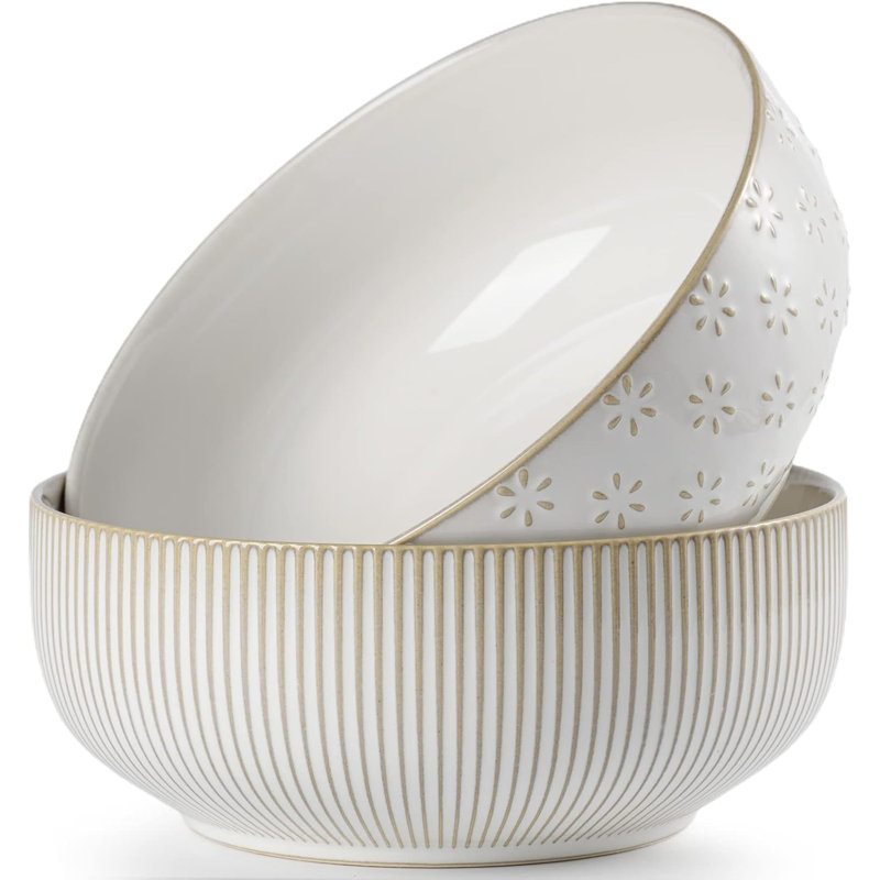 Ensemble de 2 bols de service en céramique, grands bols à salade de style campagnard de 60 oz, allant au micro-ondes et au lave-vaisselle, rayures en relief et étoiles, bols de cuisine décoratifs