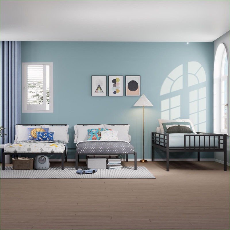Lit superposé détachable à trois places pour chambre d'enfant, structure en métal noir de jais, séparable en trois lits simples individuels