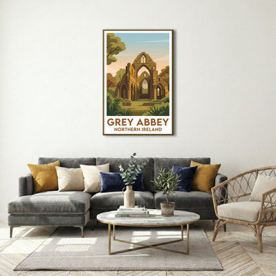 Grey Abbey, Northern Ireland - Romantic Travel Poster of Historic Abbey Ruins. Giclee Print on Wrapped Canvas. Wall Art, Home Decor - Religious & Cultural Sites, Northern Ireland 1 Piece Wrapped Canvas Wall Art