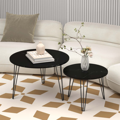 27.56" Round Nesting Coffee Table Set of 2, Marble Top & Sturdy Metal Base for Living Room Bedroom