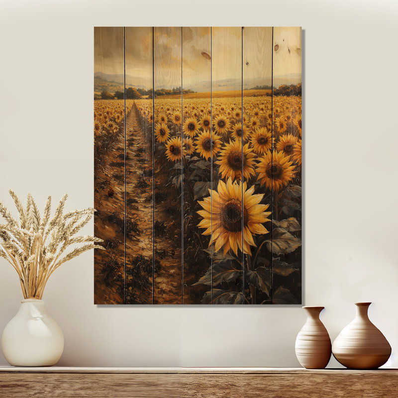 Sunflowers Along The Dirt Path IV - Sunflowers Wood Print - On Natural Pine Wood, 44" H x 34" W x 0.78" D