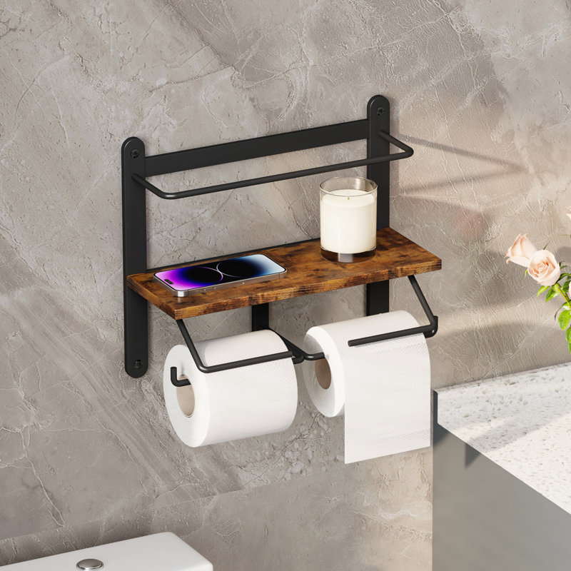 Porte-papier hygiénique double avec tablette, porte-papier hygiénique mural en bois, organisateur de salle de bain mural, rouleau double, convient aux salles de bain (brun rustique)