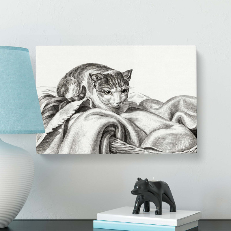Cat in a Basket by Jean Bernard - Wrapped Canvas Drawing - Wrapped Canvas, 35cm H x 50cm W x 3cm D
